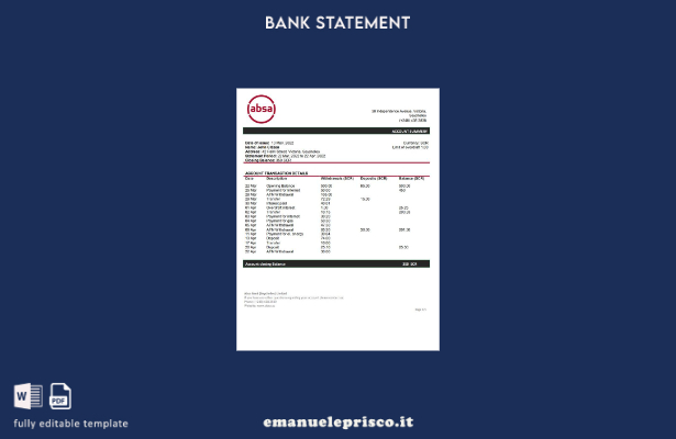 modello word di estratto conto bancario ABSA delle Seychelles in stile verificat